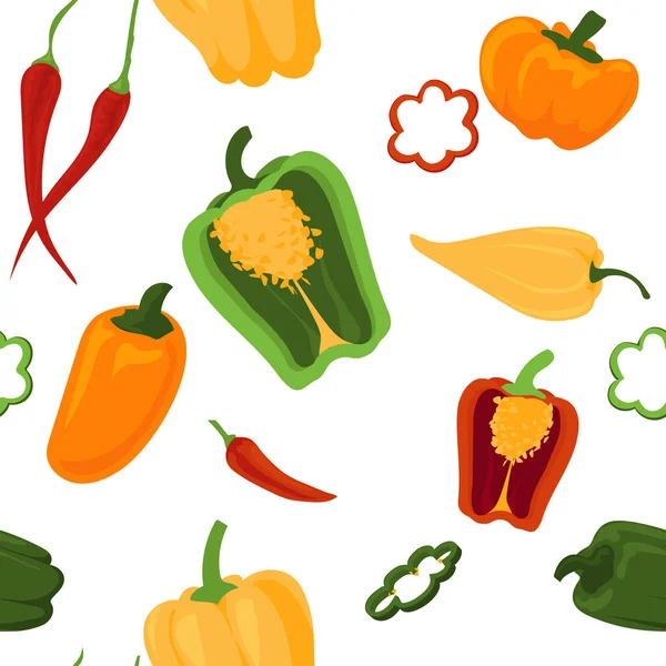 Modèle de poivre. Dessin animé texture transparente avec des cloches de piment chaud. Légumes bio. Pièces de jalapeno vert. Capsicum rouge et jaune. Assaisonnement végétal épicé. Modélisation vectorielle d'impression paprika — Image vectorielle