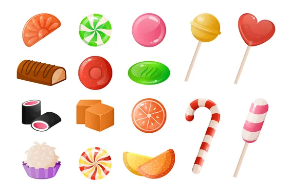 Dulces de dibujos animados. Dulces postres de caramelo. Paleta y gelatina de goma. Dulces de caramelo y chocolate de formas redondas o cuadradas. Bonbones duros y masticables aislados. Conjunto de confiterías vectoriales — Vector de stock