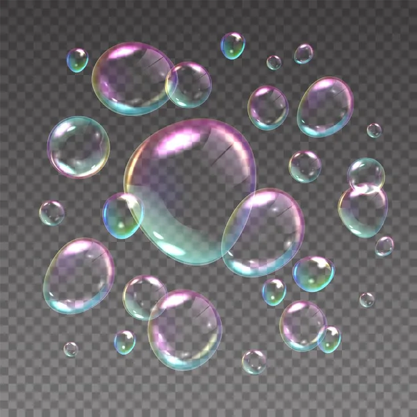 Fliegende Seifenblasen. Realistische irisierende Sphären mit Regenbogenreflexionen. 3D Shampookugeln schweben auf transparentem Hintergrund. Glänzende Waschmittelkreise. Vektor-Seifenschaum — Stockvektor