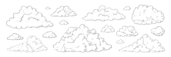 Nubes hechas a mano. Esbozo vintage del fondo del cielo. Lápiz retro dibujo detallado. Nubladas formas de atmósfera en blanco y negro. Elementos de paisaje nublado a mano alzada. Vector cielo plantillas conjunto — Archivo Imágenes Vectoriales