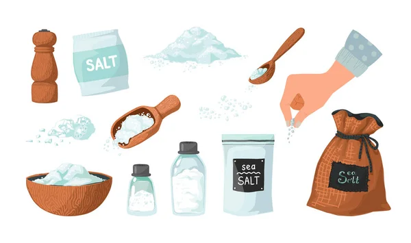 Handritat salt. Kryddpulver i sked och skål. Hand sprider salta havskristaller. Säsong i glasflaskor och glasförpackningar. Vita markhögar. Vektor matlagning ingrediens skisser set — Stock vektor