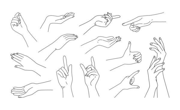 Doodle woman arms. Hand drawn minimalistic female limbs for beauty fashion and social media posts. Palm or fingers gestures set. Outline girl body parts. Vector give and point gesturing