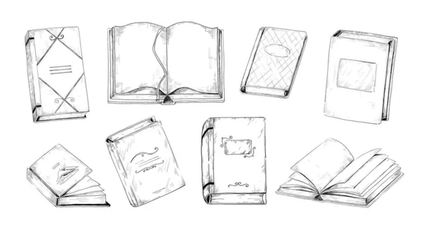 Libros dibujados a mano. Grabado vintage de la biblioteca de lectura de estudiantes y escuelas. Bocetos en blanco y negro de libros de texto abiertos o cerrados con marcadores en tapas duras. Conjunto de literatura vectorial — Vector de stock