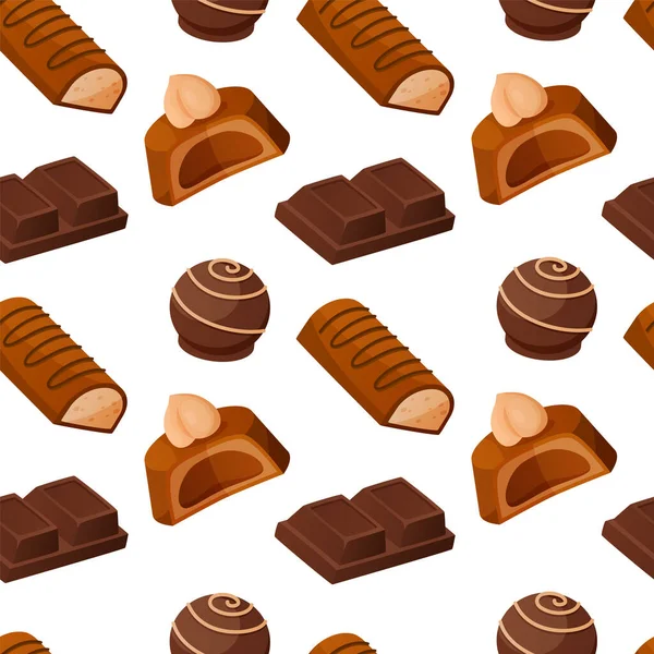 Modèle de bonbons au chocolat. Texture sans couture de délicieux bonbons. Dessert au cacao au lait avec noix et garniture. Fond alimentaire malsain. Délicieuses confiseries glacées. Conception d'impression vectorielle — Image vectorielle