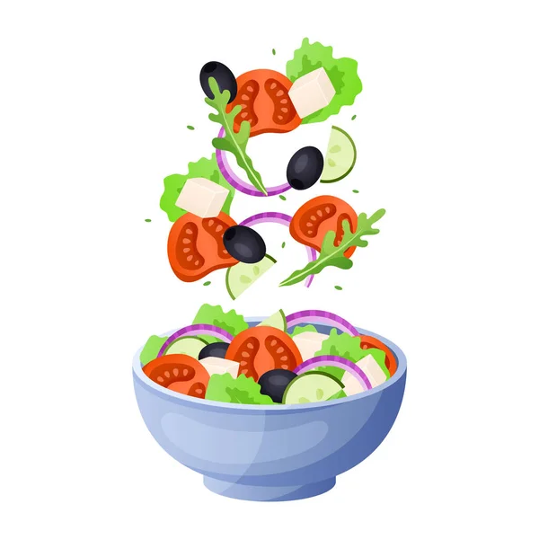 Saladeingrediënten. Cartoon vliegende sla bladeren, groenten en eieren. Gezond vegetarisch menu. Een licht zomerontbijt. Tomaat en komkommer stukken vallen in plaat. Vectorillustratie — Stockvector