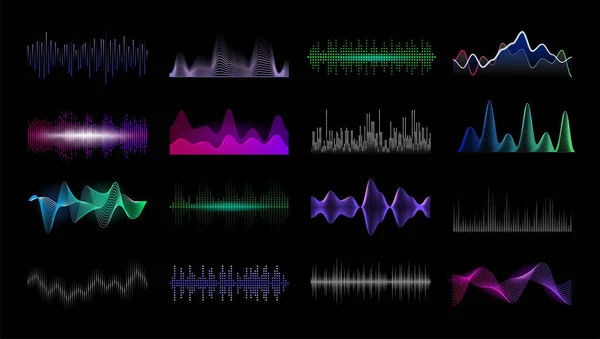 Frequência de áudio. Modelos de interface HUD de forma de onda sonora. Espectro de ondas sonoras e amplitudes dinâmicas de sinais futuristas. Um músico. Conjunto de mockup de interface do equipamento de registro digital ou analógico vetorial —  Vetores de Stock