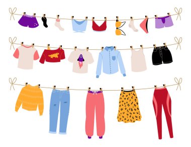 Kuru giysiler. Temiz çamaşır asmak. Erkek ve kadın giysileri güneşte kuruyor. Günlük ve iş kıyafetleri. Göbek bağına mandallar takılmış iç çamaşırları ve giysiler. Vektör illüstrasyonu