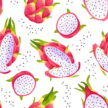 Pitaya deseni. Yarım yamalak ve egzotik Asya ejderha meyveleri içeren kusursuz bir doku. Tatlı tropikal ürün ve bitki tohumları. Yaz sulu pitahaya geçmişi. Vektör yazdırma modeli