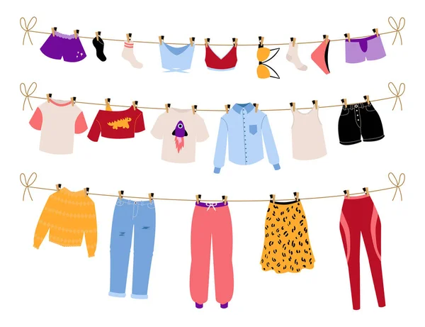 Dry clothes. Hanging clean laundry. Men and women clothing drying on sun. Casual and business outfits. Underwear and garments attached with clothespins to cord. Vector illustration — Stock Vector