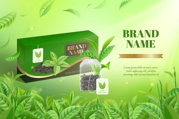 Anuncio de té. Caja realista con bolsas de té premium verdes o negras. Hojas verdes sobre fondo borroso. Plantilla de banner de promoción de té para branding. Vector bebida matutina ad illustration — Vector de stock