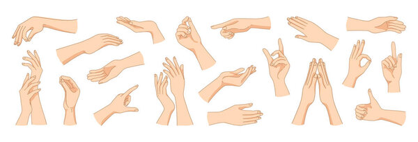 Женские жесты руками. Женские руки в модных позах. Абстрактные графические элементы для косметики и рекламы. Дамы ладони со здоровой кожей и ногтями. Векторные части тела