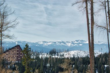 Strbsk Pleso Oteli 'nin kışın yürüyüş parkurundan görünüşü, Slovakya, Avrupa