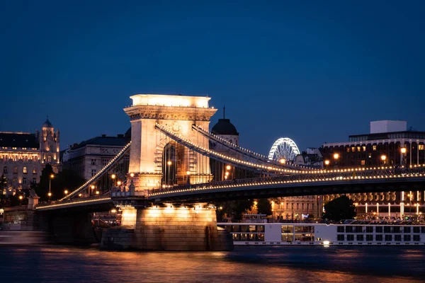 Visiting Famous Chain Bridge Budapest Hungary Summer Night Stock Picture