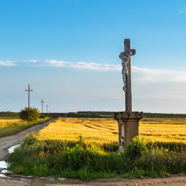Güneşin batışında Macar kırsalında bulutlu gökyüzü serinletici bir yaz yağmurundan sonra