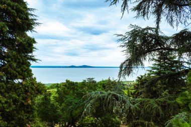 BADACSONYTOMAJ, HUNGARY - 3 Temmuz 2020: Kuzey kıyı şeridi ve Badacsony, Macaristan 'dan Balaton Gölü manzarası