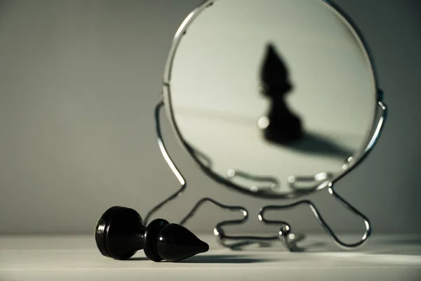 A chess piece is reflected in the mirror. Things and people are not what they seem. Reassessment of their abilities. Psychology, motivation. Power of thought. Never give up, always go for your goal.