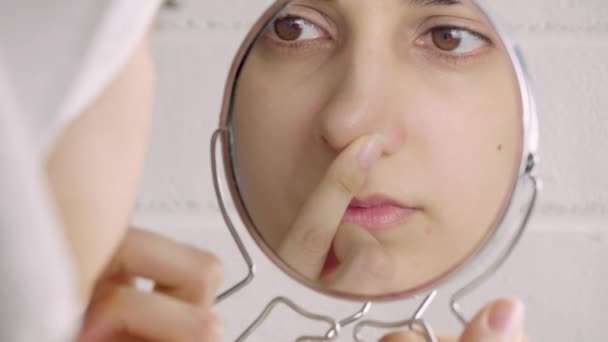 Black Dots Nose Young Woman Looks Her Face Mirror Skin — Stock Video