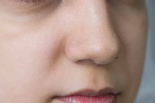 Female Face Close Girl Makeup Bathroom Black Dots Nose Skin — Stock Photo, Image