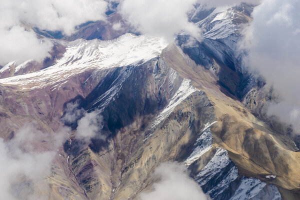Beautiful view from the aircraft to the mountains of Himalaya