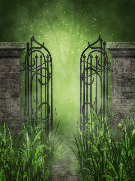 Fantasy image with a gate and a forest thicket