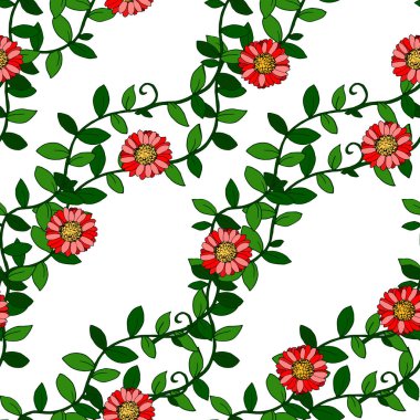 Parlak renklerde kusursuz desen, yeşil yapraklı ve çiçekli dal, sarmaşık.