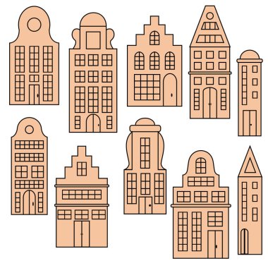 Grafik çizimleri, stilize edilmiş evlerin resimleri, beyaz bir arkaplanda izole edilmiş.