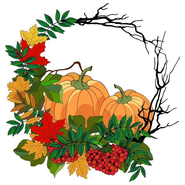 Autumn Compositions Pumpkin Maple Leaves Rowan — Stock Vector