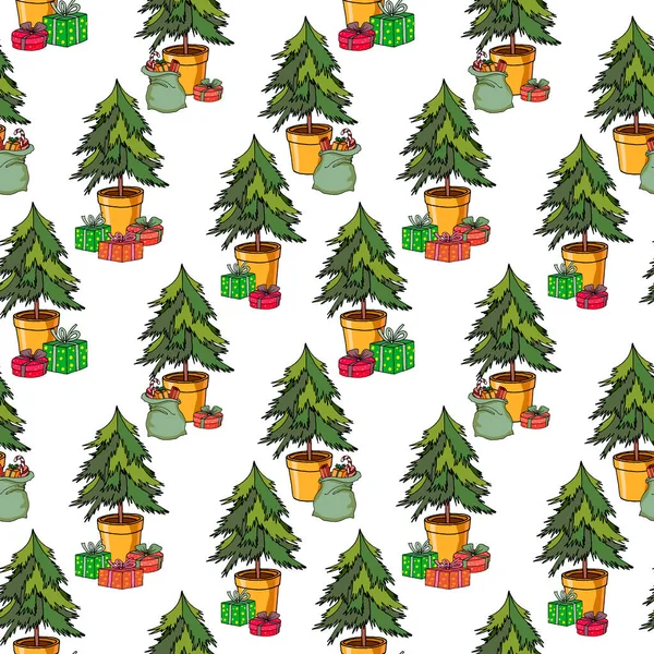 Christmas Seamless Pattern Christmas Trees Gifts Ornament Wallpaper Fabric Wrapping — Stock Vector