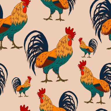 Parlak renklerdeki horozlarla kusursuz desen, çiftlik kuşları.