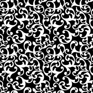 Siyah beyaz, kıvırcık ve bitkisel elementlerle kusursuz bir desen.