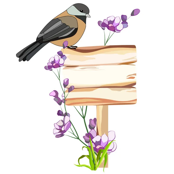 Vogel Een Houten Plaat Bloemen Isoleren Voor Een Ander Ontwerp — Stockvector