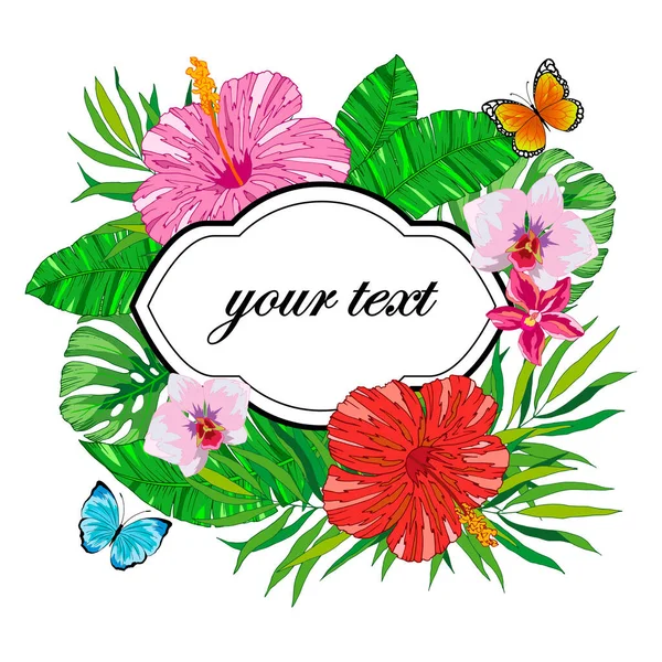 Banner Para Texto Cartão Saudação Com Flores Tropicais Folhas Borboletas — Vetor de Stock