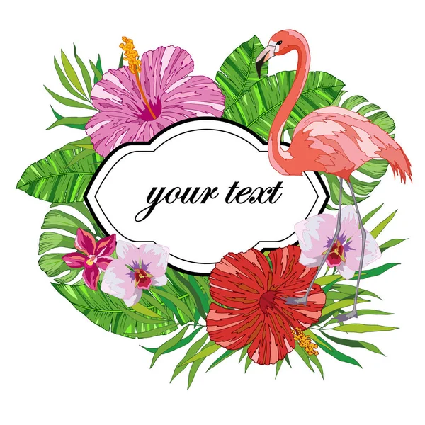 文字横幅 带有热带花和叶子的贺卡 火烈鸟 — 图库矢量图片