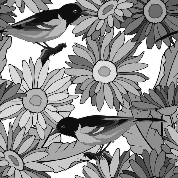 Motif Sans Couture Avec Des Oiseaux Fleurs Gerbera Gris Monochrome — Image vectorielle