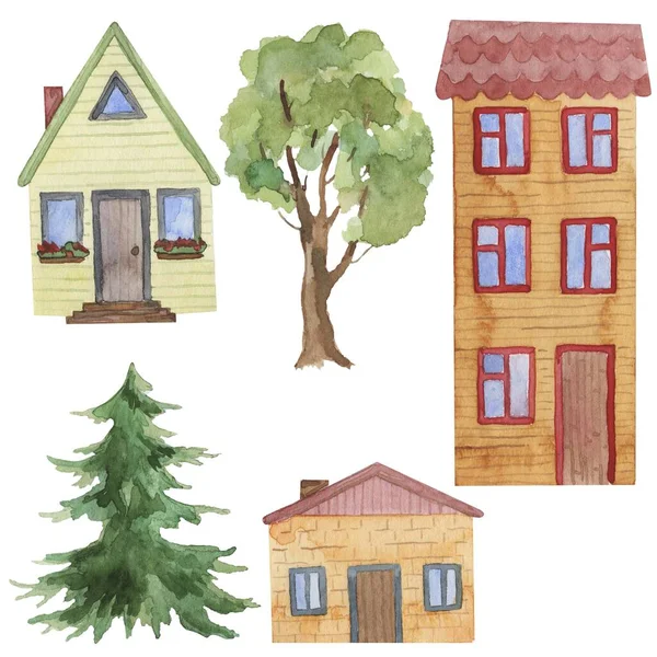Aquarellzeichnungen Häuser Und Bäume Kinderstil — Stockfoto