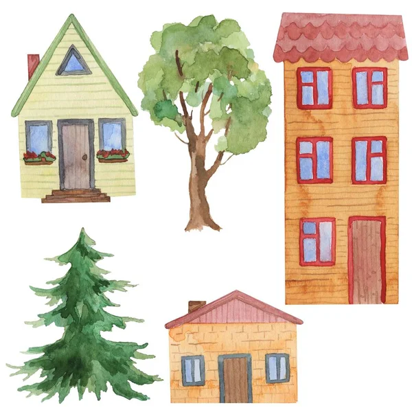 Ensemble Dessins Aquarelle Maisons Arbres Style Enfant — Photo