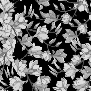 Manolya dalları, duvar kâğıdı süsü ve ambalaj kağıdıyla monokrom grisindeki kusursuz desen.