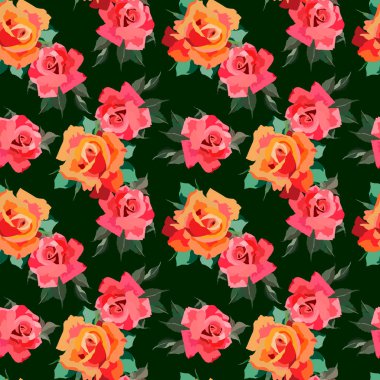 Gül çiçekleri, duvar kağıdı süsü ve ambalaj kağıdıyla parlak renklerde kusursuz desen.