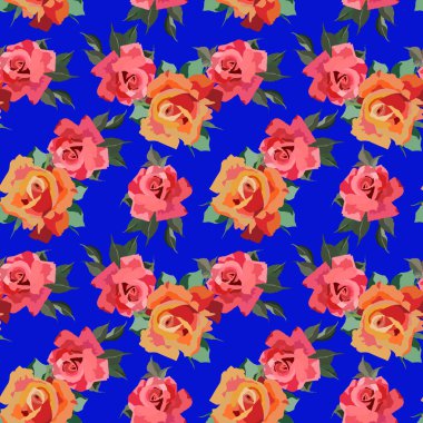 Gül çiçekleri, duvar kağıdı süsü ve ambalaj kağıdıyla parlak renklerde kusursuz desen.