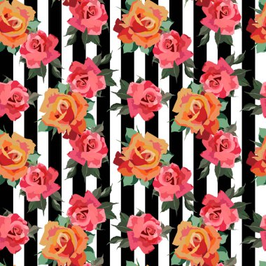 Gül çiçekleri, duvar kağıdı süsü ve ambalaj kağıdıyla parlak renklerde kusursuz desen.