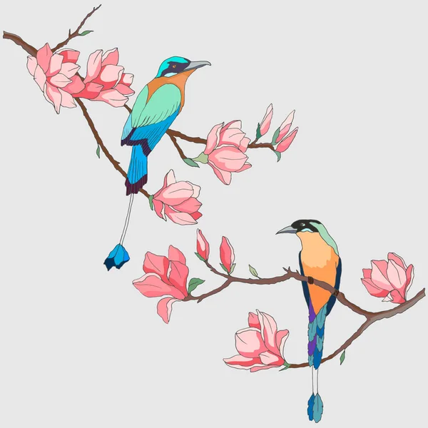 Uccelli Rami Con Fiori Magnolia Disegno Colori Vivaci Isolare Uno — Vettoriale Stock