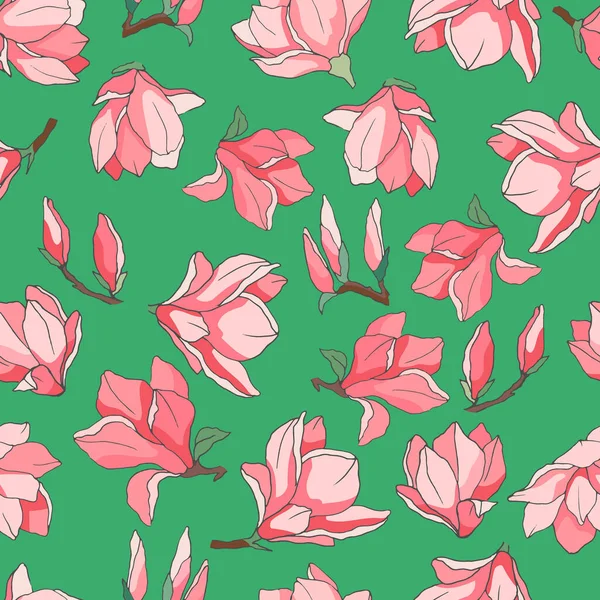 seamless pattern in bright colors, with magnolia branches, wallpaper ornament, wrapping paper