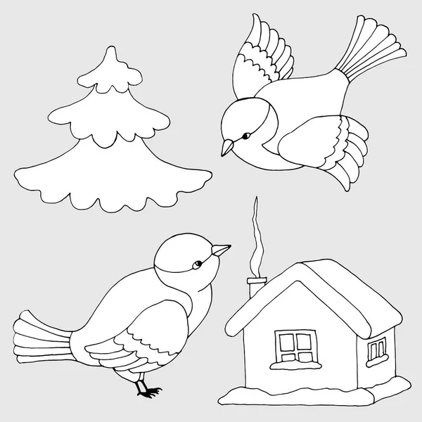 Набор Черно Белых Чертежей Зимняя Коллекция Дом Снегу Елка Птицы — стоковый вектор
