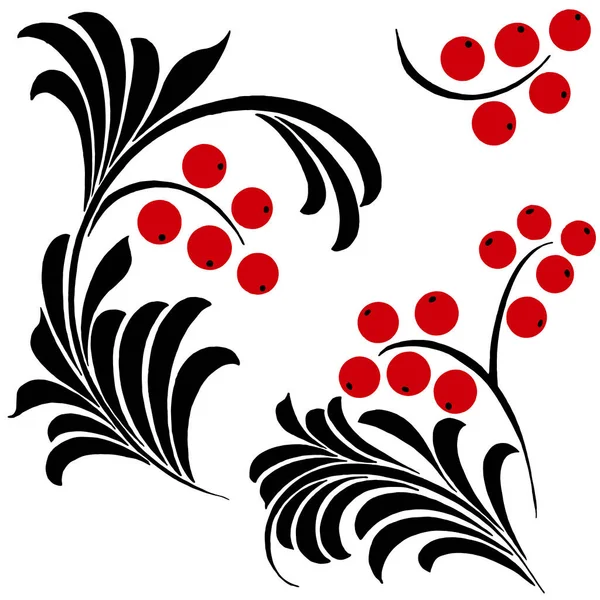 Набор Элементов Красном Черном Стилизованными Листьями Ягодами — стоковый вектор