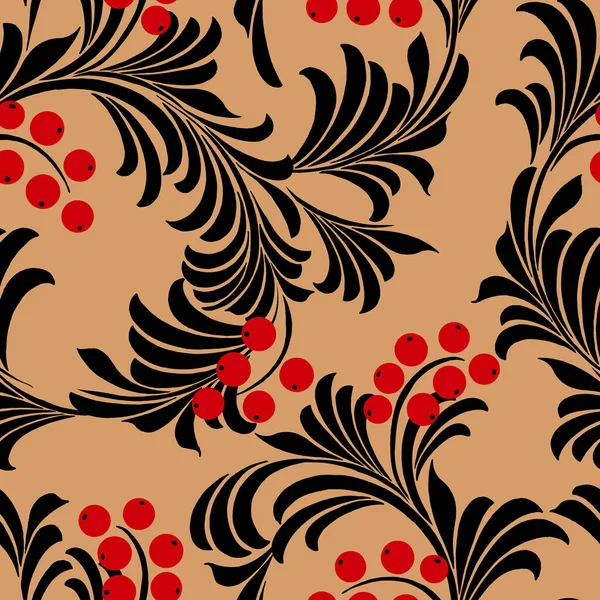 Nahtloses Muster Rot Und Schwarz Mit Stilisierten Blättern Und Beeren — Stockvektor