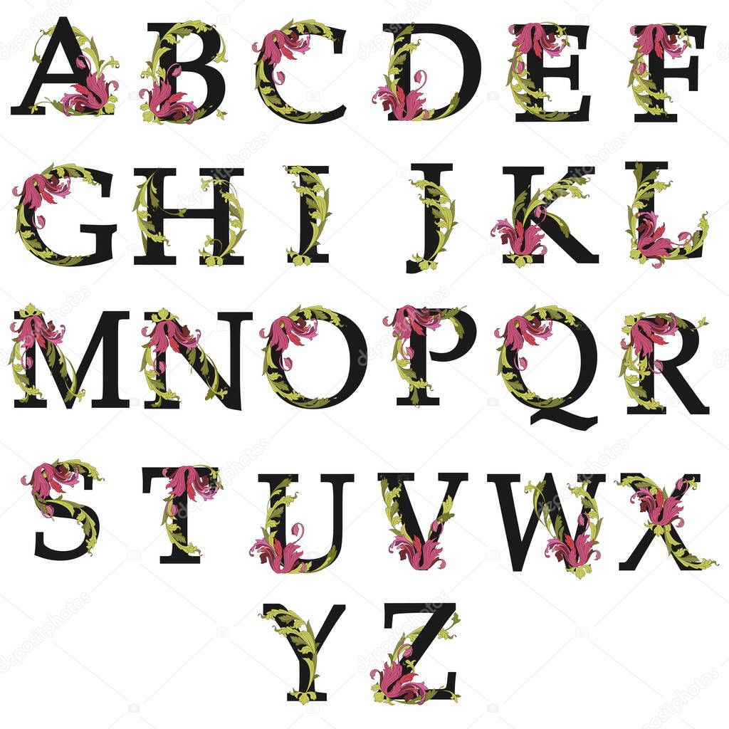 set of letters with a decor of flowers and leaves