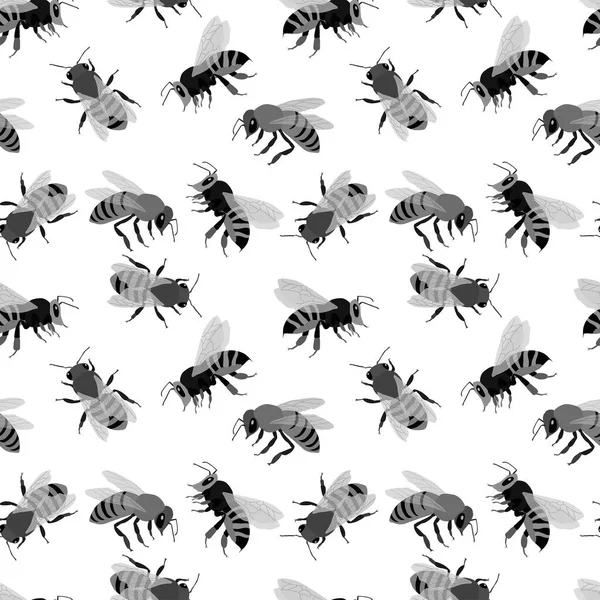 Безшовний Візерунок Монохромному Сірому Кольорі Зображеннями Бджіл Орнаментом Шпалер Обгортковим — стоковий вектор