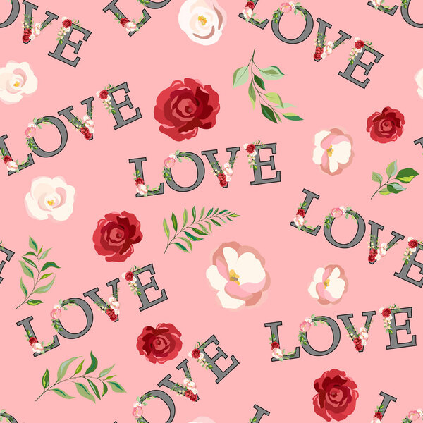 бесшовный узор, оберточная бумага на День Святого Валентина, романтический фон с цветочным орнаментом