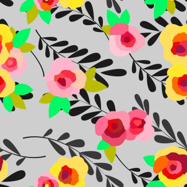 Parlak renklerle biçimlendirilmiş güller, duvar kağıdı süsü, ambalaj kağıdı, romantik arka plan.