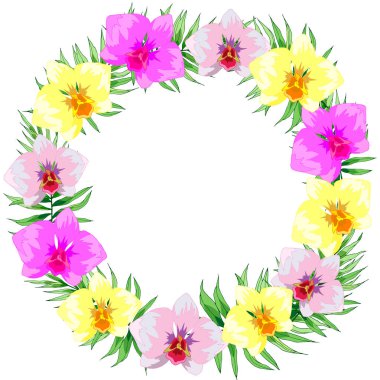 Tropikal çiçek ve yapraklı yuvarlak çerçeve, selamlaşma için arka plan, ambalaj kağıdı, elbiseler için parlak baskı